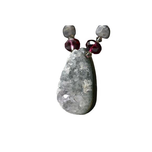 Geode Pendant Necklace Natural Cracked  Statement Red Crystal Beaded BinA - Picture 2 of 12